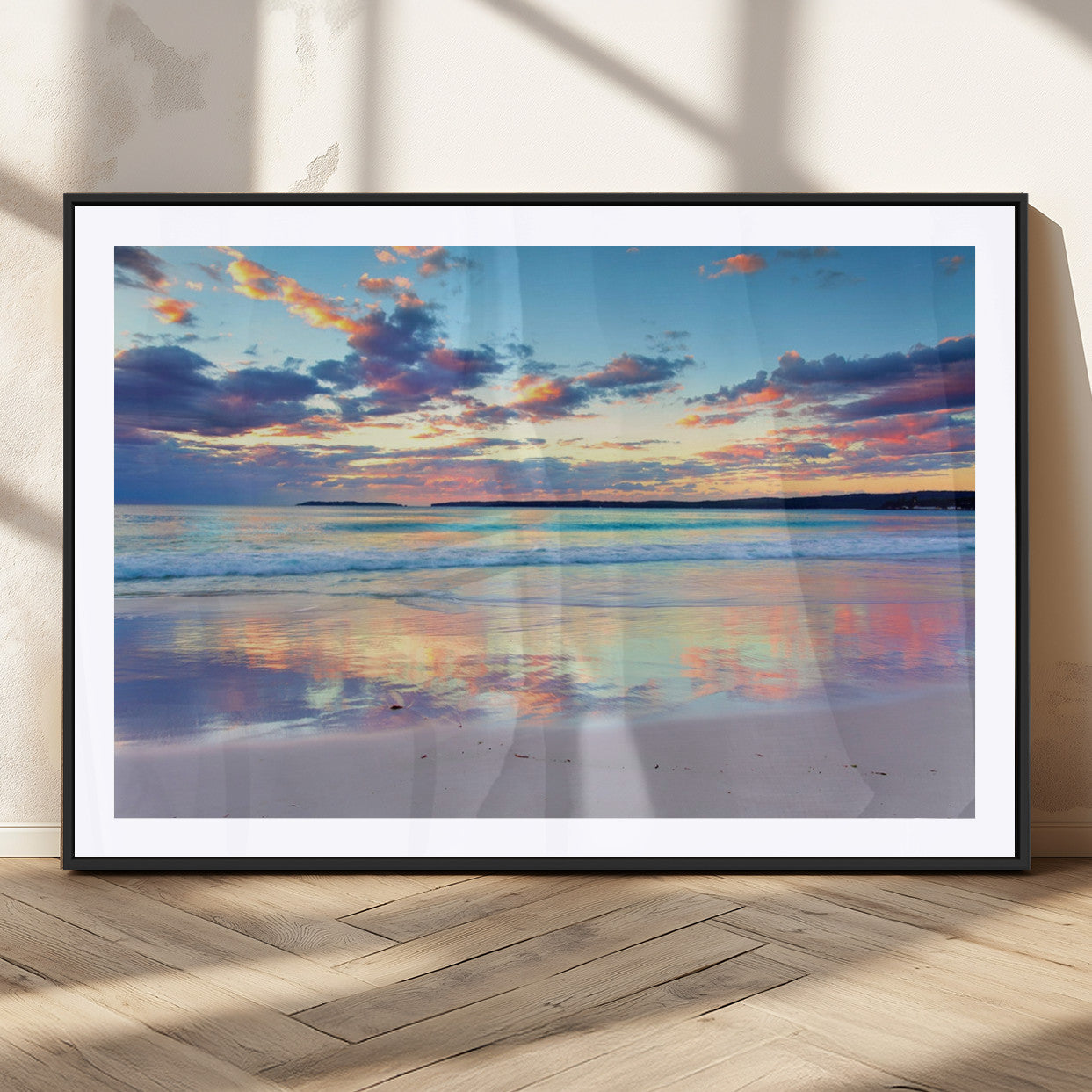 MGC-FP-36x24 - Tranquil Pastel Sunset Beach Triptych Canvas Art, Soothing Coastal Ocean Shoreline Giclee Print,