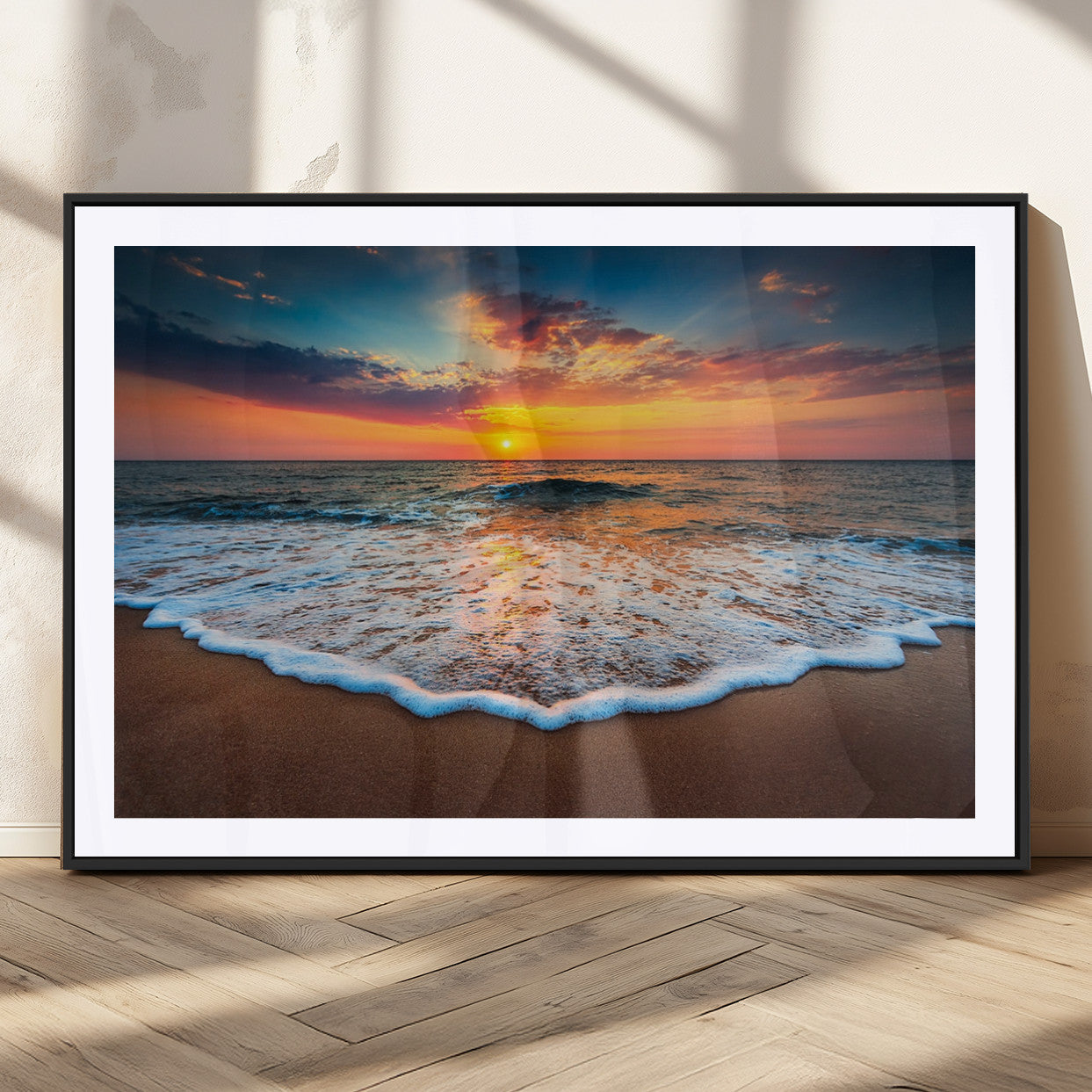 MGC-FP-36x24 - Sunset Beach Canvas Wall Art – Colorful Ocean Waves Triptych – Coastal Decor for Living Room or