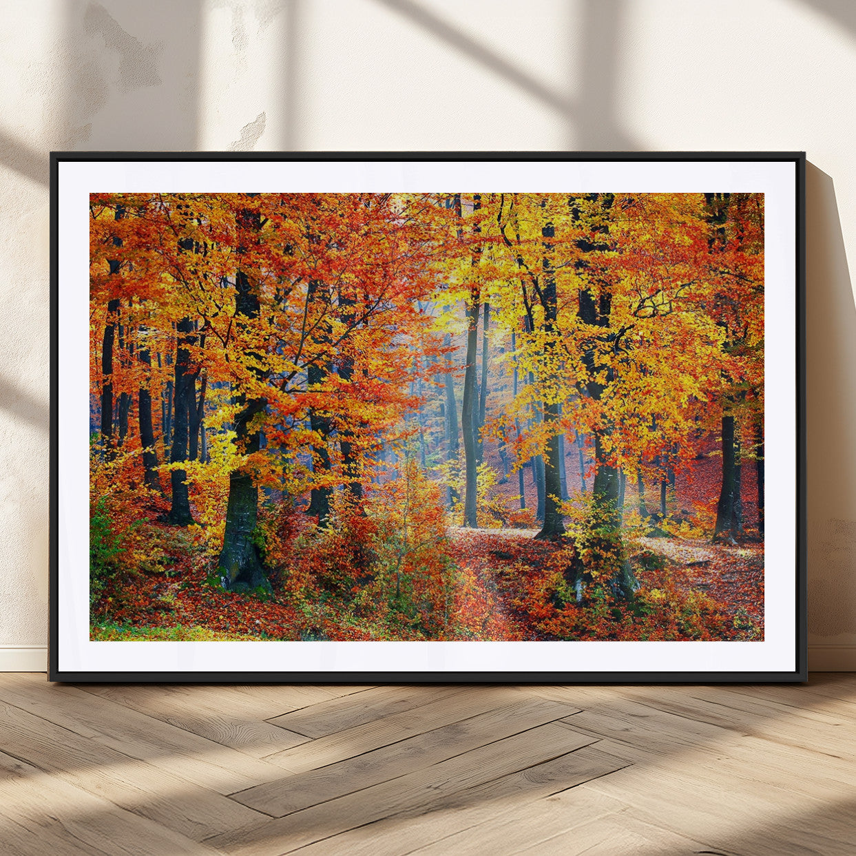 MGC-FP-36x24 - Autumn Red Forest Triptych Canvas Wall Art Print, Forest Wall Decor, Fall Landscape Art | Season