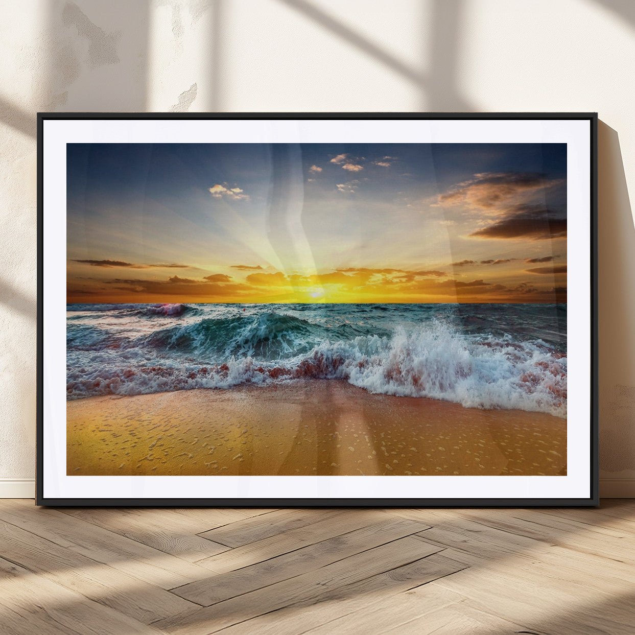 -Golden Sunset Ocean Waves Wall Art Canvas Print – Multi Panel Beach Canvas Print Set – Large Coastal