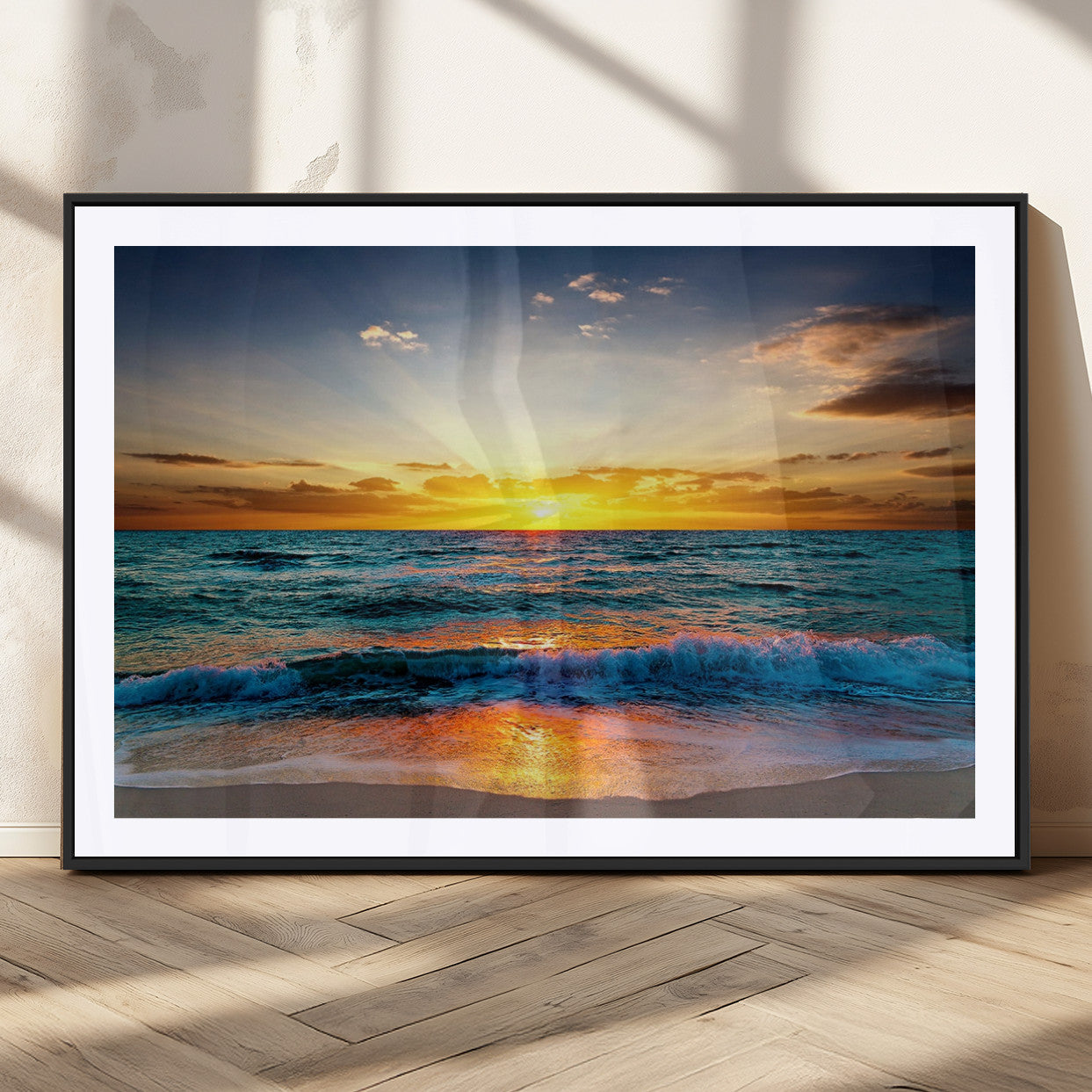 50627-MGC-FP-36x24_Black-Vibrant Ocean Sunrise Over Golden Beach Waves, Giclee Canvas Wall Art Set, High-Quality Stretched