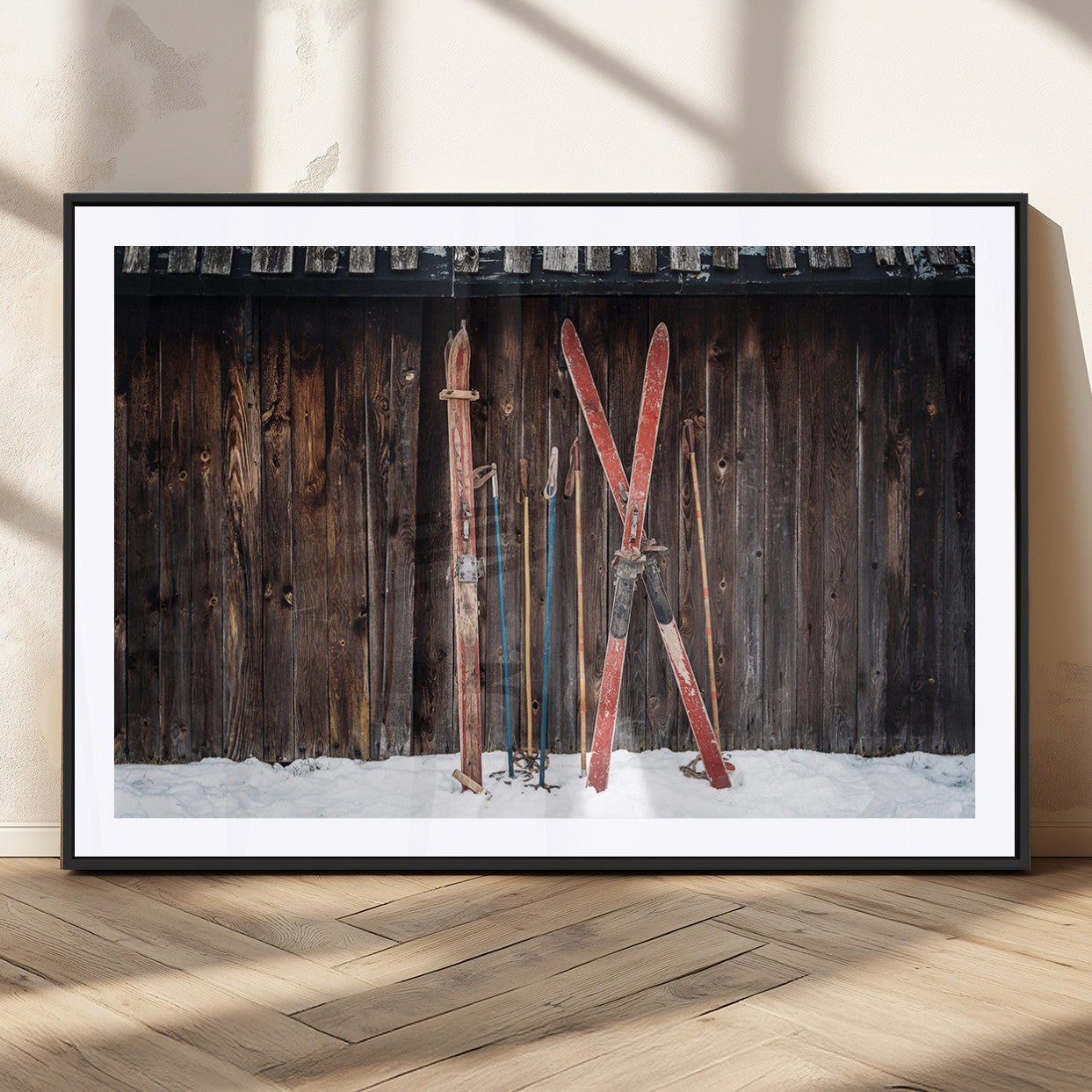 MGC-FP-36x24 - Vintage Ski Gear Canvas Print, Vintage Ski Gear Against Wooden Cabin Wall, Rustic Winter Sports