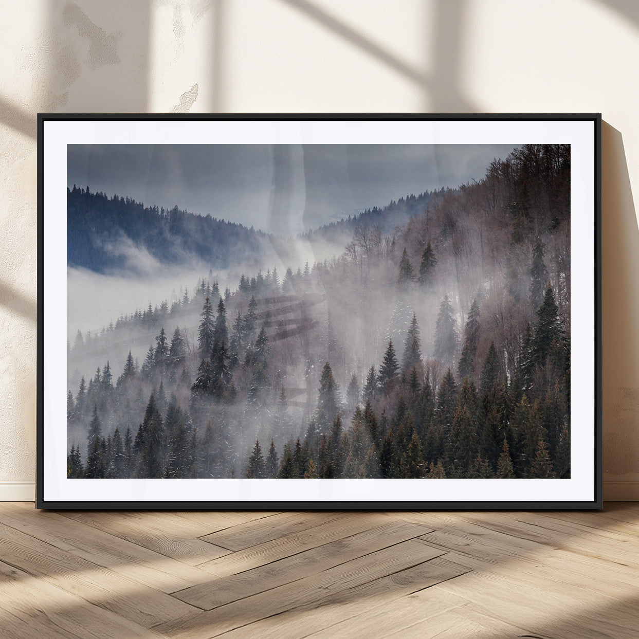 MGC-FP-36x24 - Beautiful Rising Fog in Winter Mountain Landscape - Framed Rising Fog in Winter Mountain Canvas