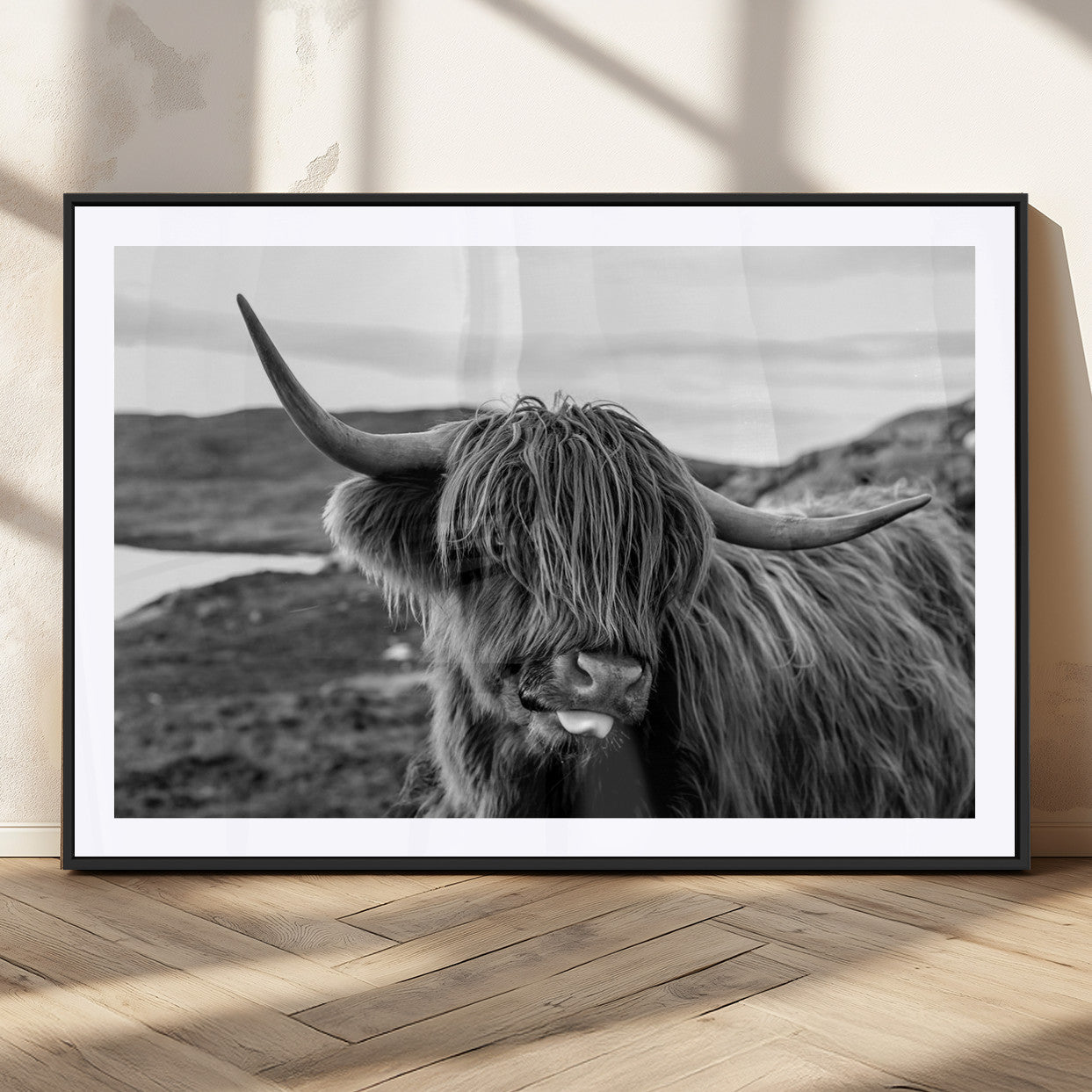 MGC-FP-36x24 - Longhorn Steer Canvas Print Wall Art, Highland Cow Canvas Wall Art – Black and White Animal Portrait
