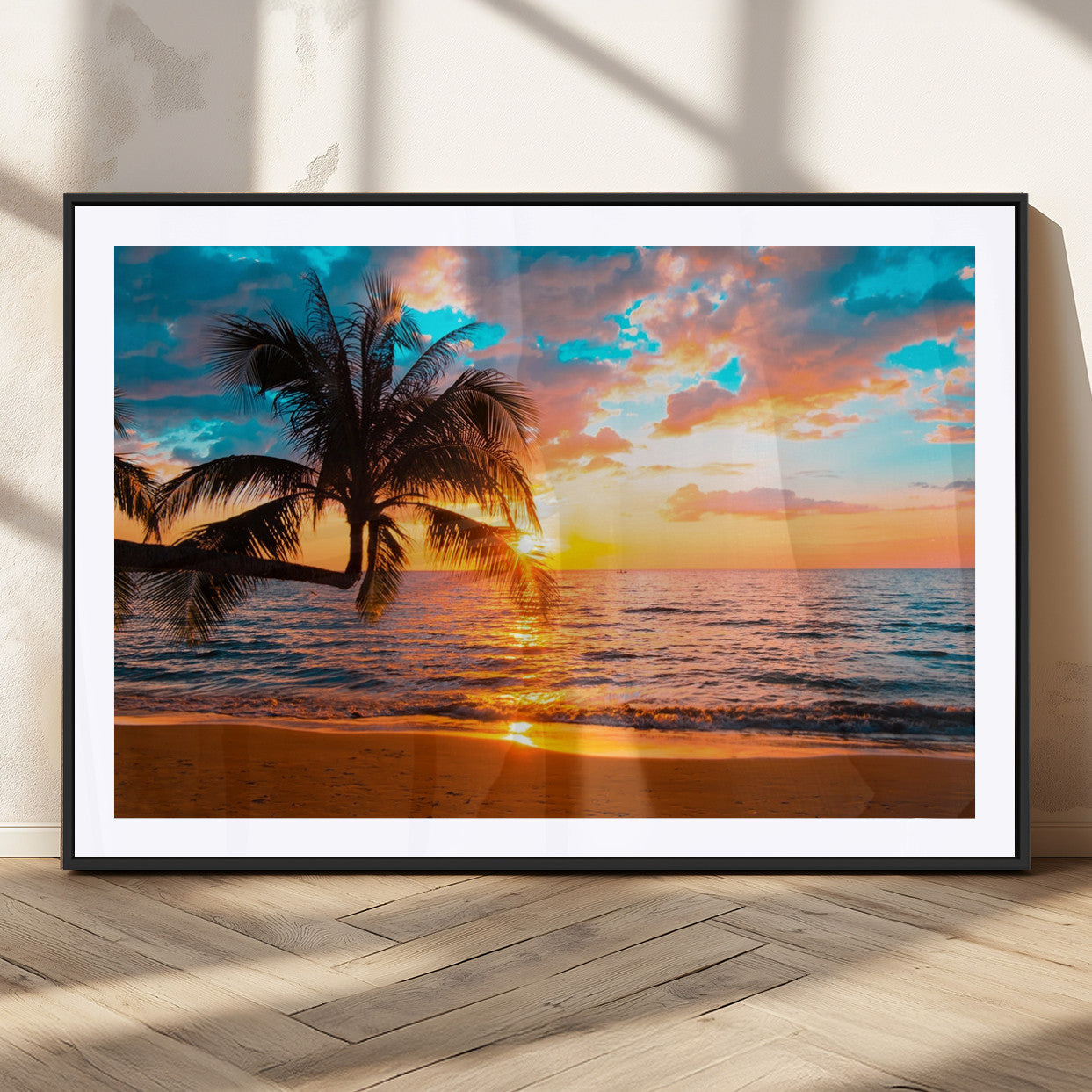 34674-MGC-FP-36x24_Black-Palm Tree Sunset On The Beach Wall Art Canvas, Framed Palm Tree Sunset Canvas Print