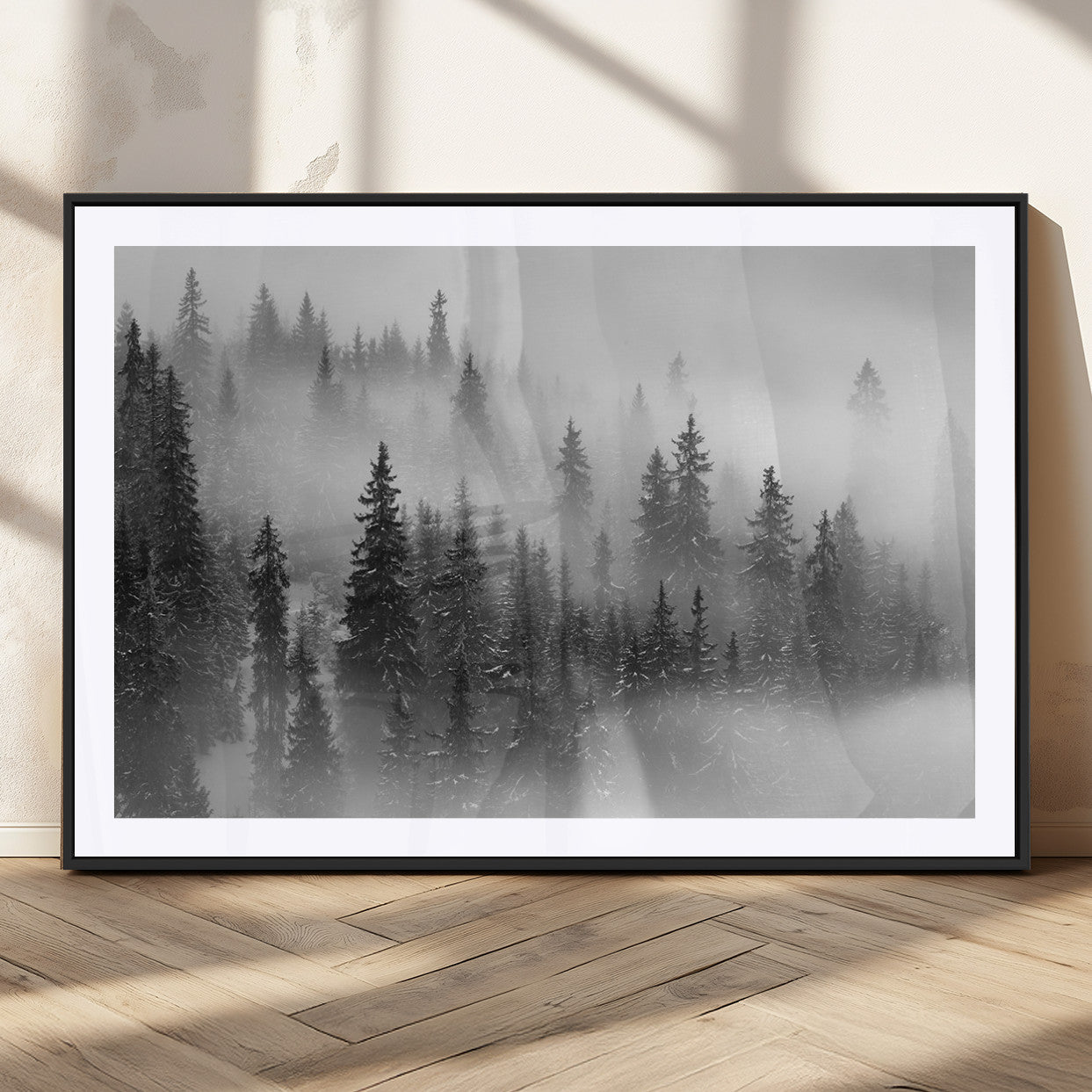 MGC-FP-36x24 - Black and White Forest Wall Art Print – Misty Pine Tree Canvas Print – Winter Woodland Nature Artwork – Perfect for Minimalist Home Decor