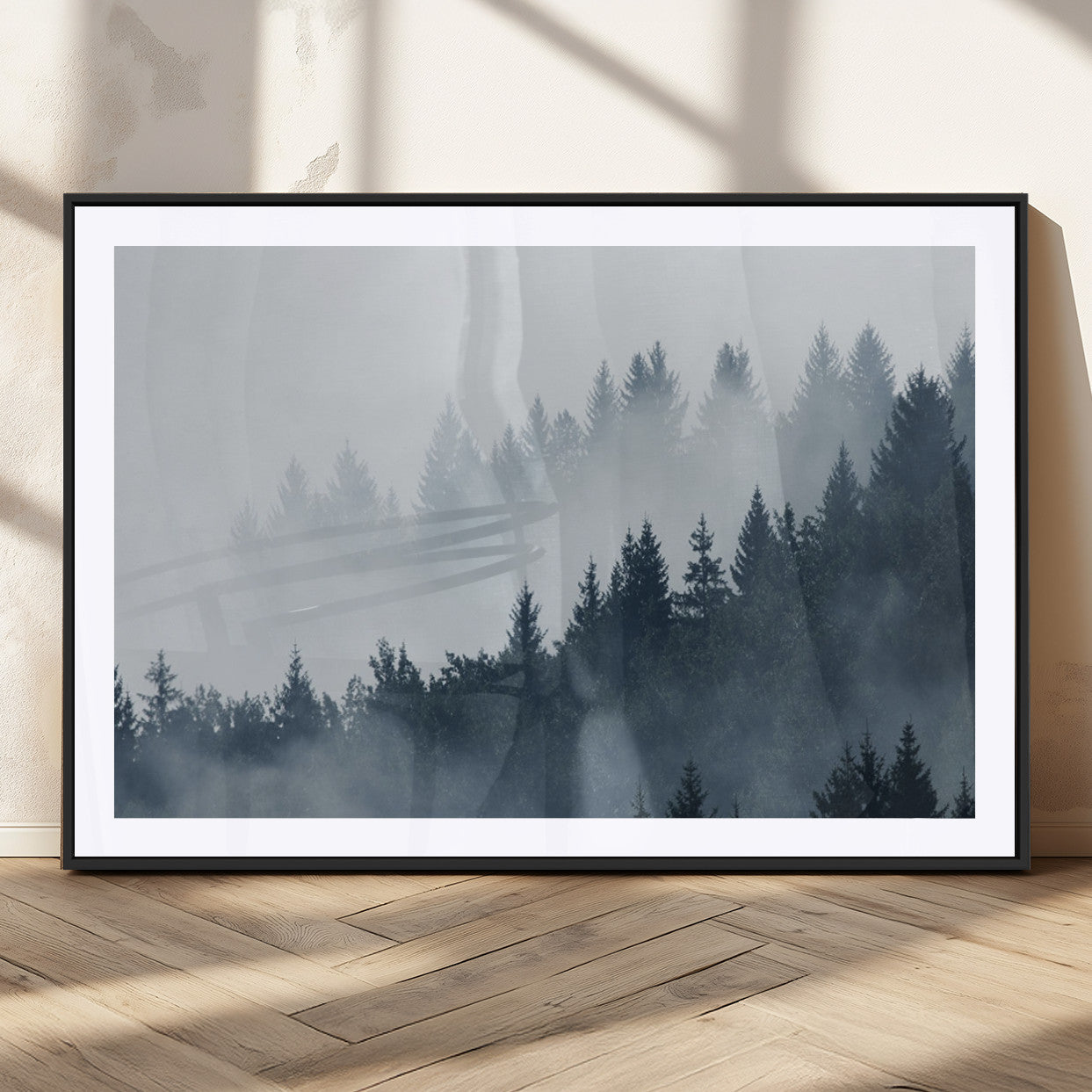 MGC-FP-36x24 - Misty Forest Wall Art Print – Foggy Pine Tree Canvas Print – Dark Woodland Nature Artwork – Perfect for Minimalist and Modern Home Decor