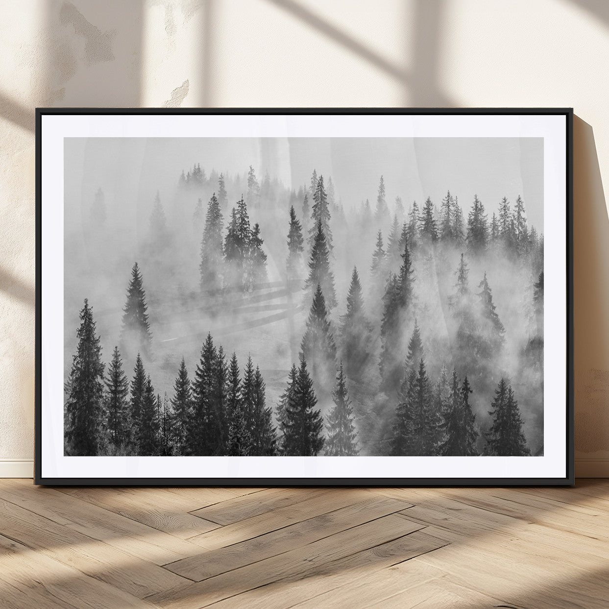 MGC-FP-36x24 - Forest Wall Art Print | Foggy Pine Forest Canvas Wall Art - Black and White Nature-Inspired Decor for Living Room, Modern Forest Landscape Print, Ready to Hang