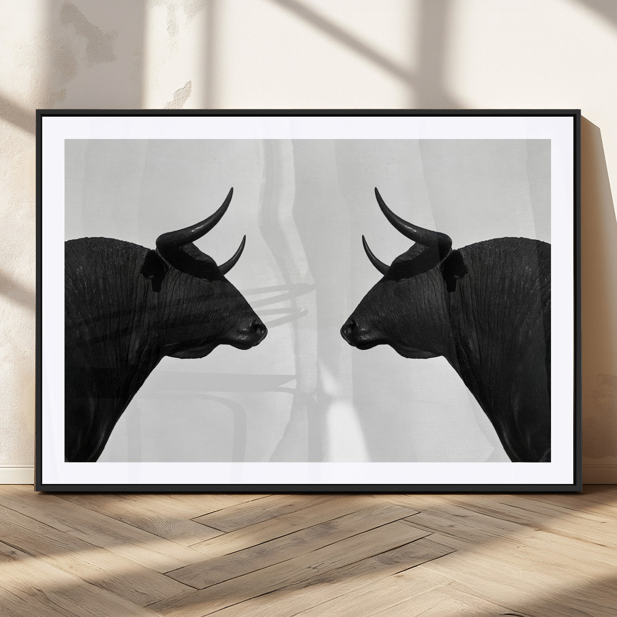 16038-MGC-FP-36x24_Black-Spanish Bull Art - Framed Black and White Bull Canvas Print for Modern Rustic Home or Office Decor