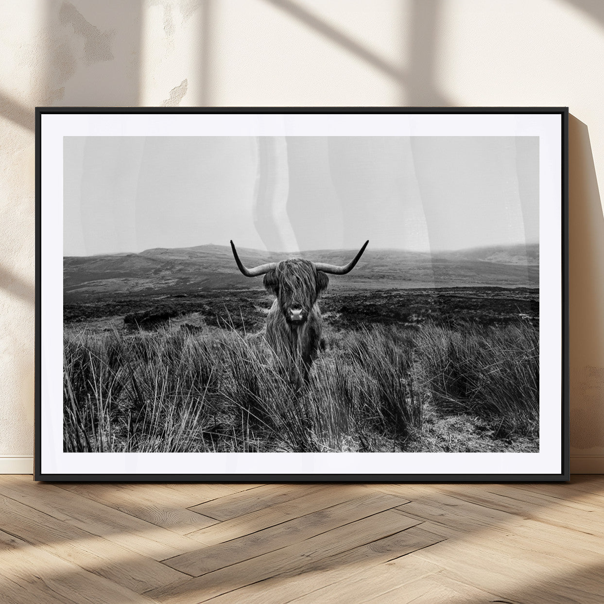 MGC-FP-36x24 - Black and White Highland Cow Canvas Wall Art, Longhorn Triptych Western Wall Decor for Cabin -