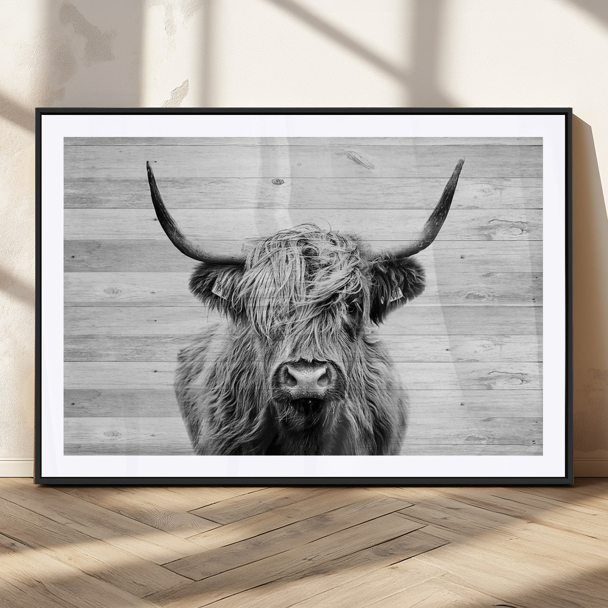 MGC-FP-36x24 - Scottish Highland Cow Cattle Art Print on Wood Background Style, Scottish Highland Cow Wall Art