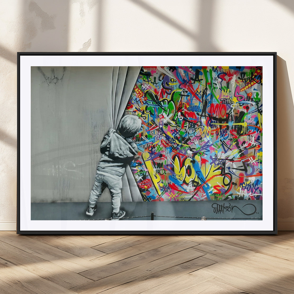MGC-FP-36x24 - Banksy Colorful Street Graffiti Canvas Wall Art Print, Modern Art Triptych, Child and Graffiti Wall,
