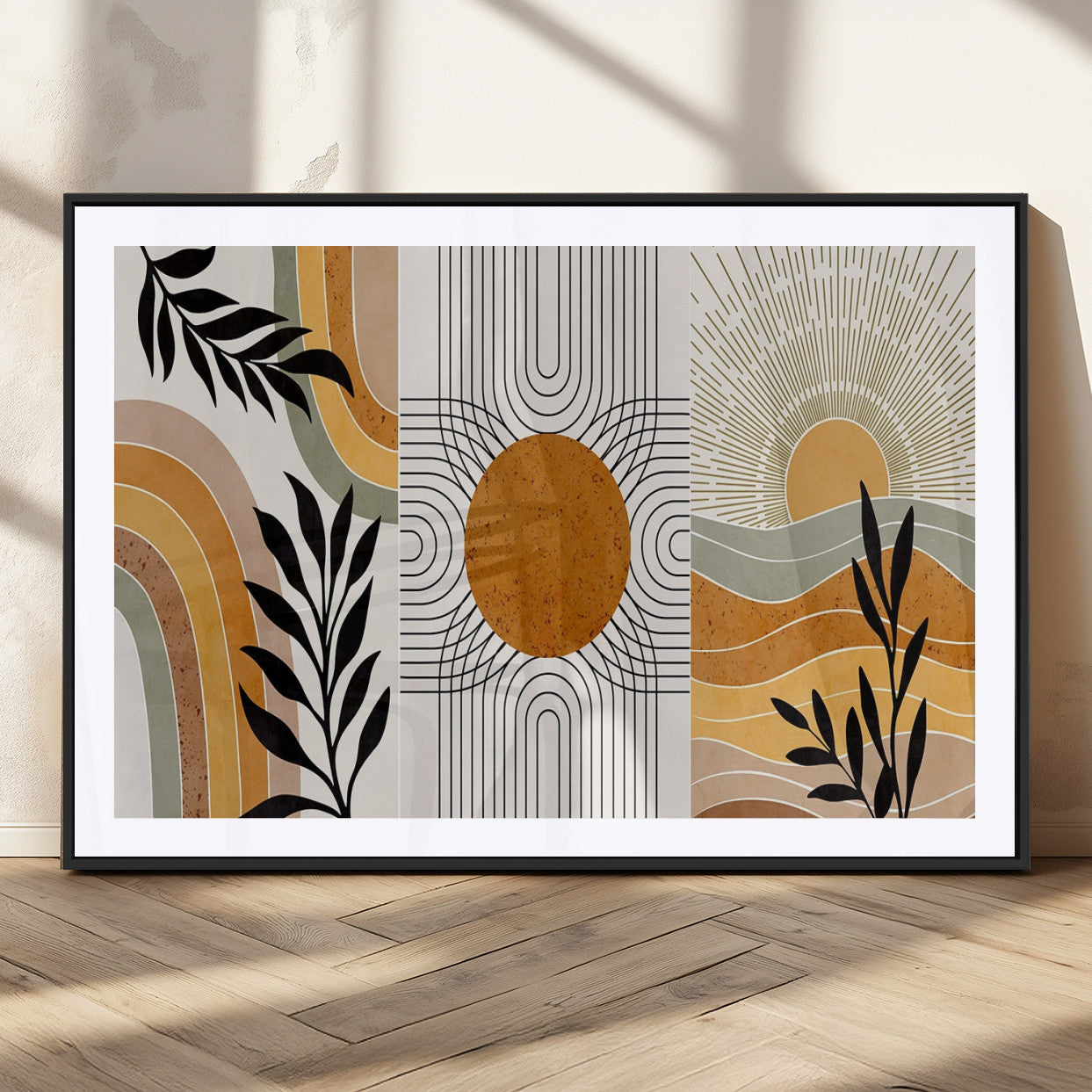 MGC-FP-36x24 - Modern Boho Sun and Leaf Abstract Art – 3-Panel Giclée Canvas for Mid-Century Modern or Bohemian