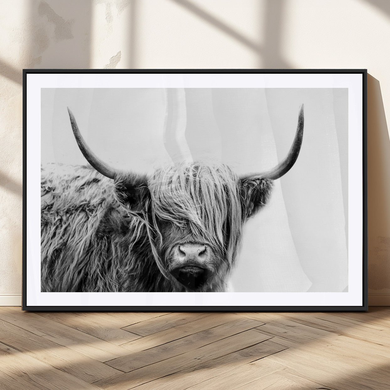 MGC-FP-36x24 - Black White Scottish Highland Cow Cattle Art Print Farmhouse Wall Art Canvas Print