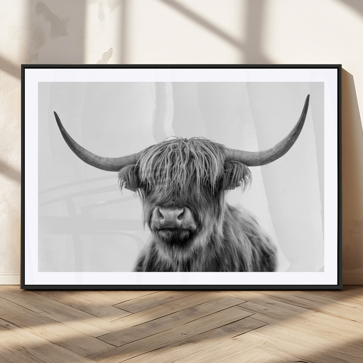 MGC-FP-36x24 - Grayscale Scottish Highland Cow Cattle Art Print Farmhouse Wall Art Canvas Print