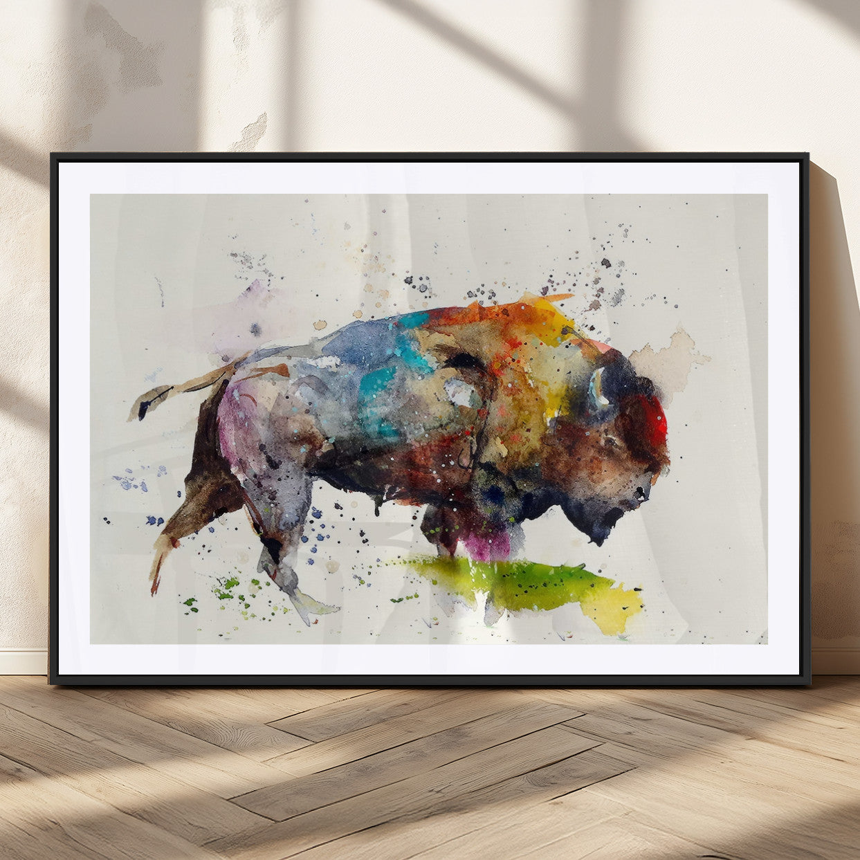 MGC-FP-36x24 - Abstract Buffalo Wall Art, Western Watercolor Bison Canvas Print, Rustic Buffalo Art for Cowboy and