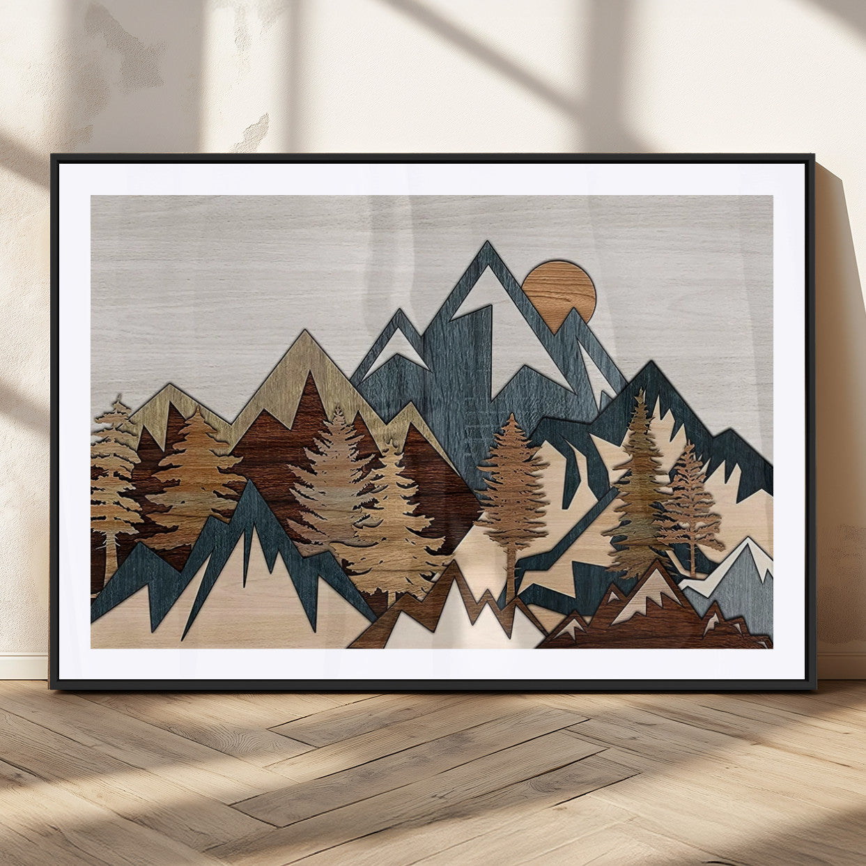 MGC-FP-36x24 - Rustic Abstract Wood Panel Effect Canvas Mountain Range Top Wood Wall Art Canvas Print