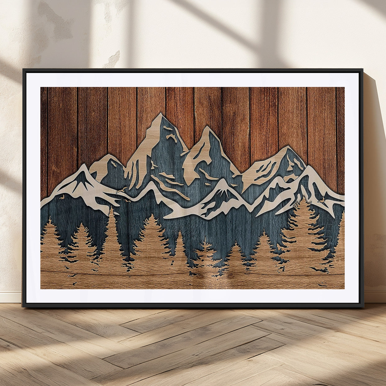 MGC-FP-36x24 - Rustic Wood Style Mountain Wall Art, Nature Forest Canvas Print, Wooden Textured Mountain Artwork,