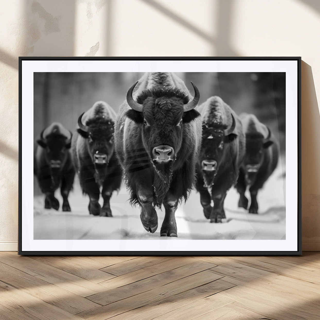 MGC-FP-36x24 - American Bison Art | Buffalo Herd Wall Art Canvas Print, BW American Bison Herd Wall Art Canvas