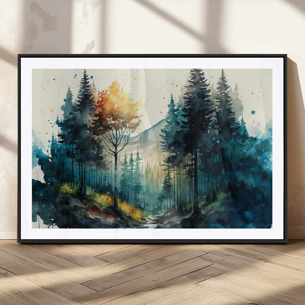 96186-MGC-FP-36x24_Black-Watercolor Trees Forest Abstract Wall Art Canvas Print, Framed Watercolor Trees Wall Art