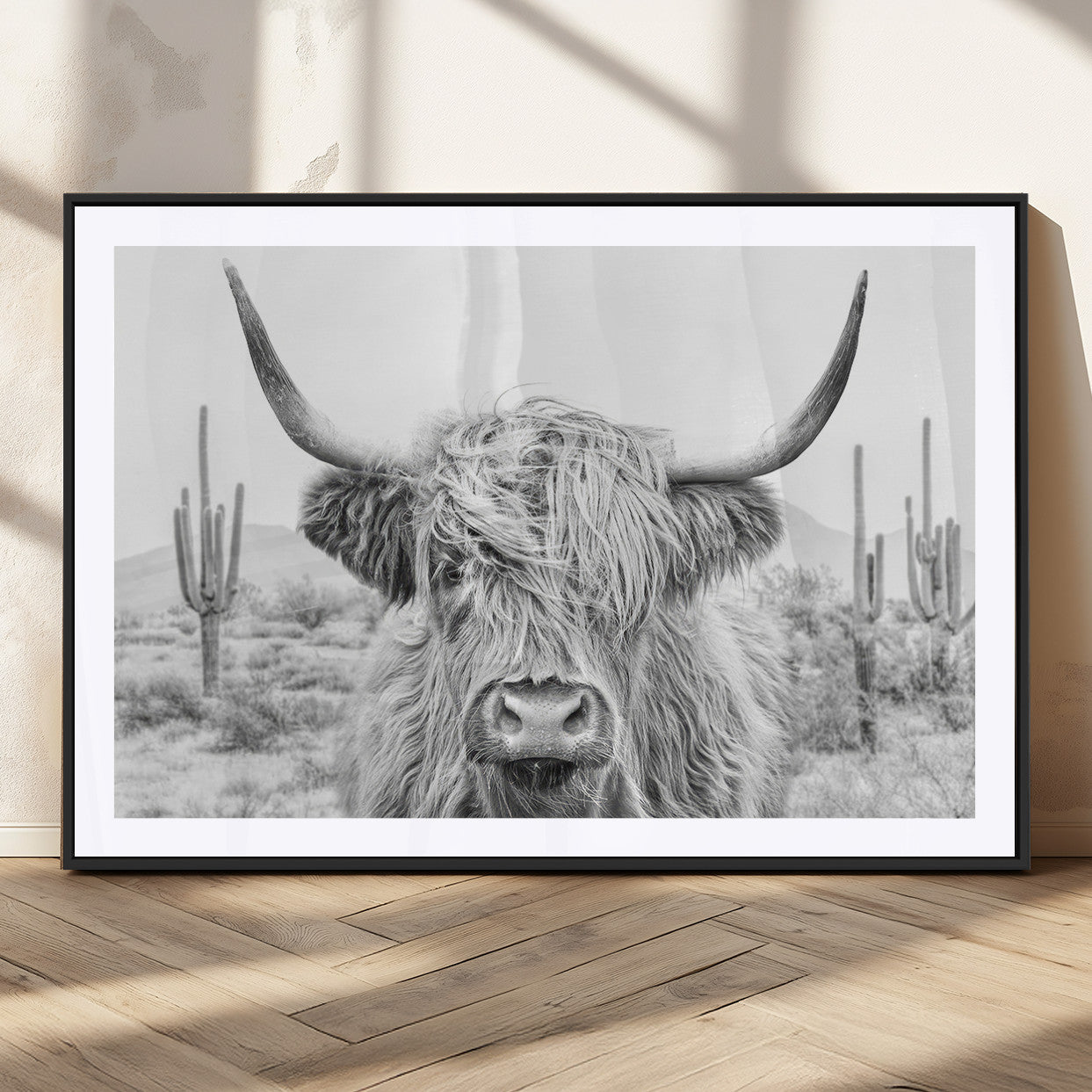 -Rustic Charm | Cow Longhorn Black White Bighorn Wall Art Canvas Print | Farmhouse Wall Art