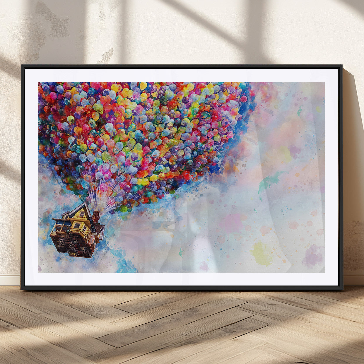 MGC-FP-36x24 - Don't Look Up Movie Canvas Wall Art - Vibrant Floating House and Balloons Scene, Tribute to Iconic