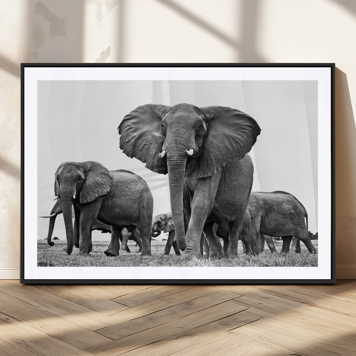 91685-MGC-FP-36x24_Black-Black White Elephant Family Wall Art Canvas Print