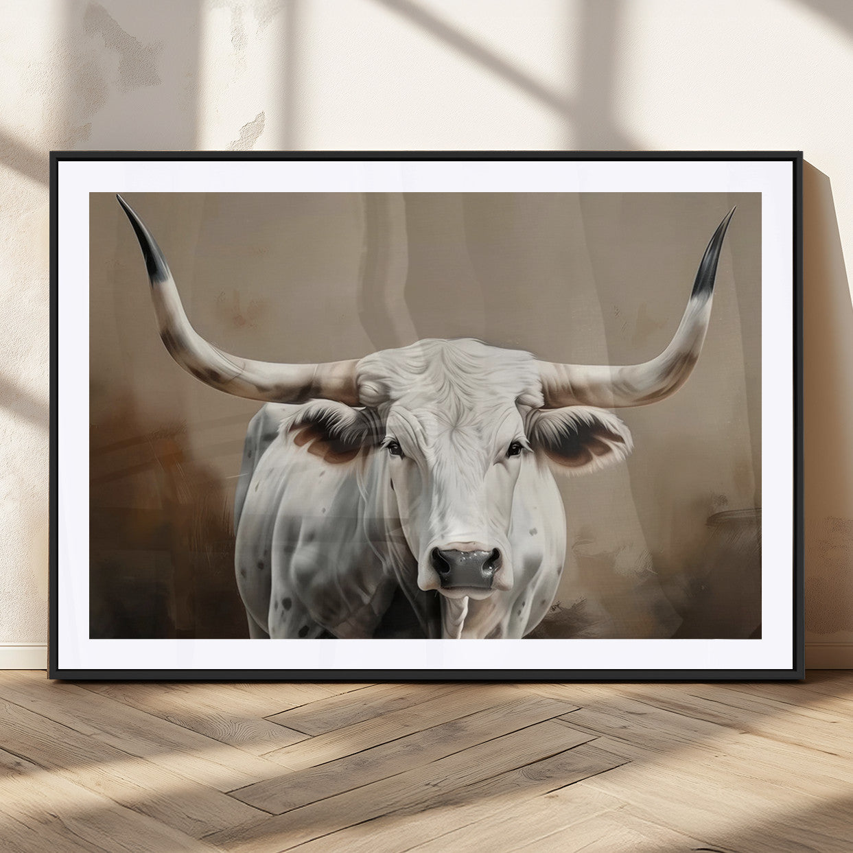 -White Longhorn Bull Wall Art Canvas Print – Framed and Ready to Hang – Perfect for Farmhouse and