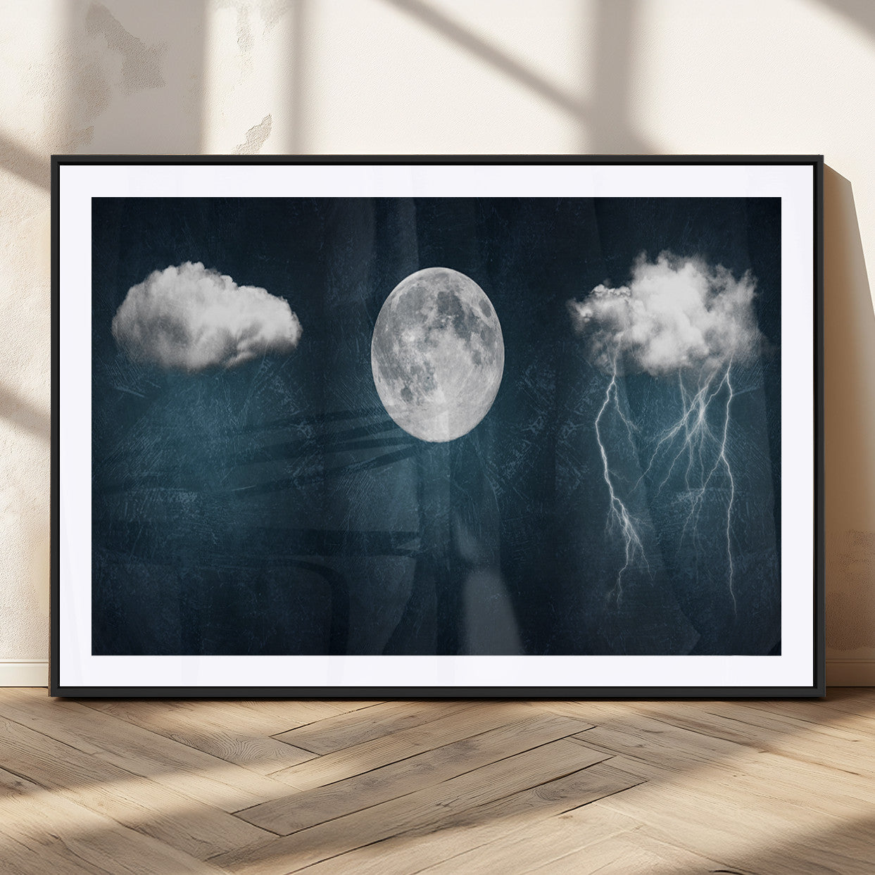 17673-MGC-FP-36x24_Black-3 Piece Indigo Cloud Wall Art, Thunderstorm Moon Cloud Artworks