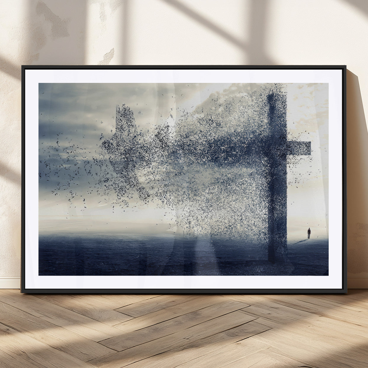 MGC-FP-36x24 - Jesus and the Fading Cross Wall Art Print – Symbol of Faith, Christian Wall Art Canvas Print, Framed