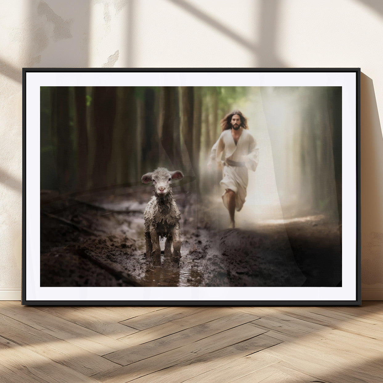 MGC-FP-36x24 - Jesus Canvas Wall Art - Jesus Running After Lost Lamb, Jesus, Christian Home Decor - Church Wall Art