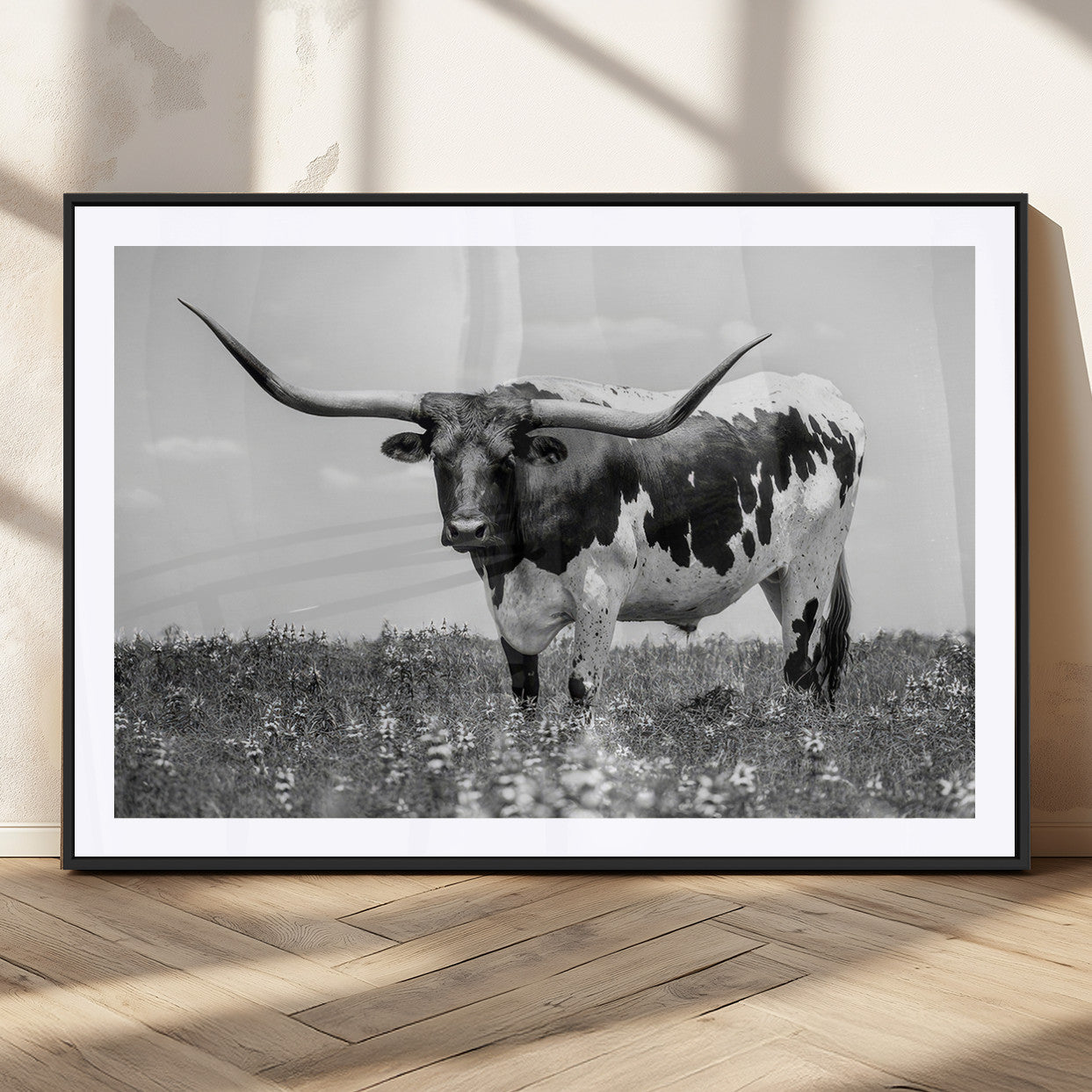 94709-MGC-FP-36x24_Black-Texas Black White Highland Longhorn Cow Wall Art Canvas Print