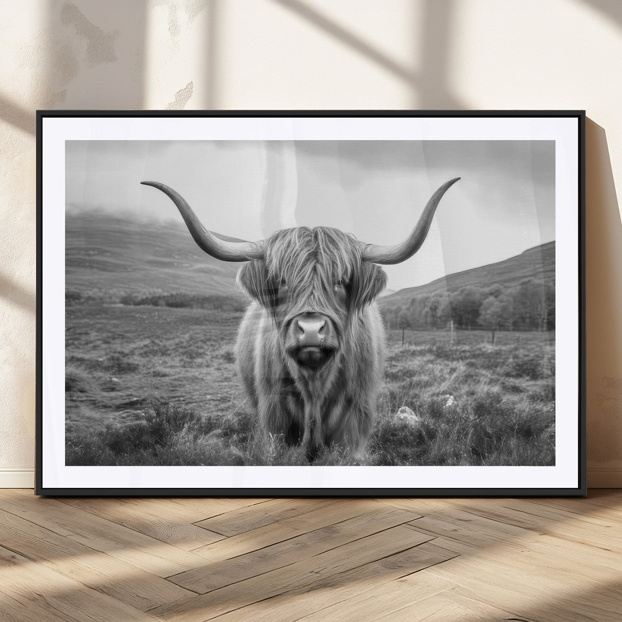 MGC-FP-36x24 - Black White Scottish Highland Cow Canvas Farm Wall Art Canvas Print