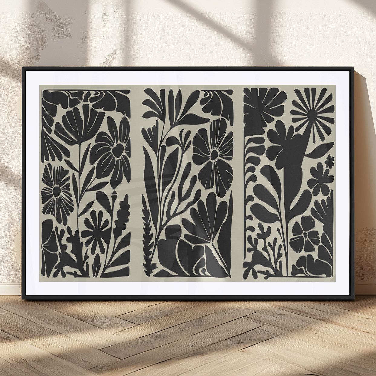 MGC-FP-36x24 - Modern Botanical Wall Art - Floral Black and White Canvas Print, Framed, Ready to Hang