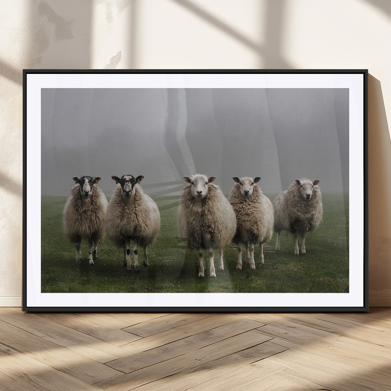 87339-MGC-FP-36x24_Black-Flock of Sheep in a Mystical Fog – Pastoral Wall Art Canvas Print, Framed, Ready to Hang