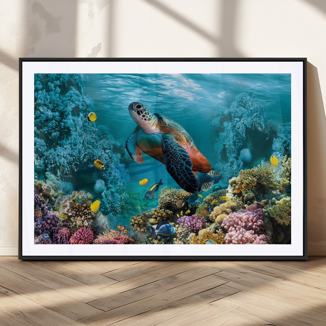 MGC-FP-36x24 - Sea Turtle and Coral Reef Triptych Wall Art – Vibrant Underwater Scene Canvas Set for Ocean Lovers