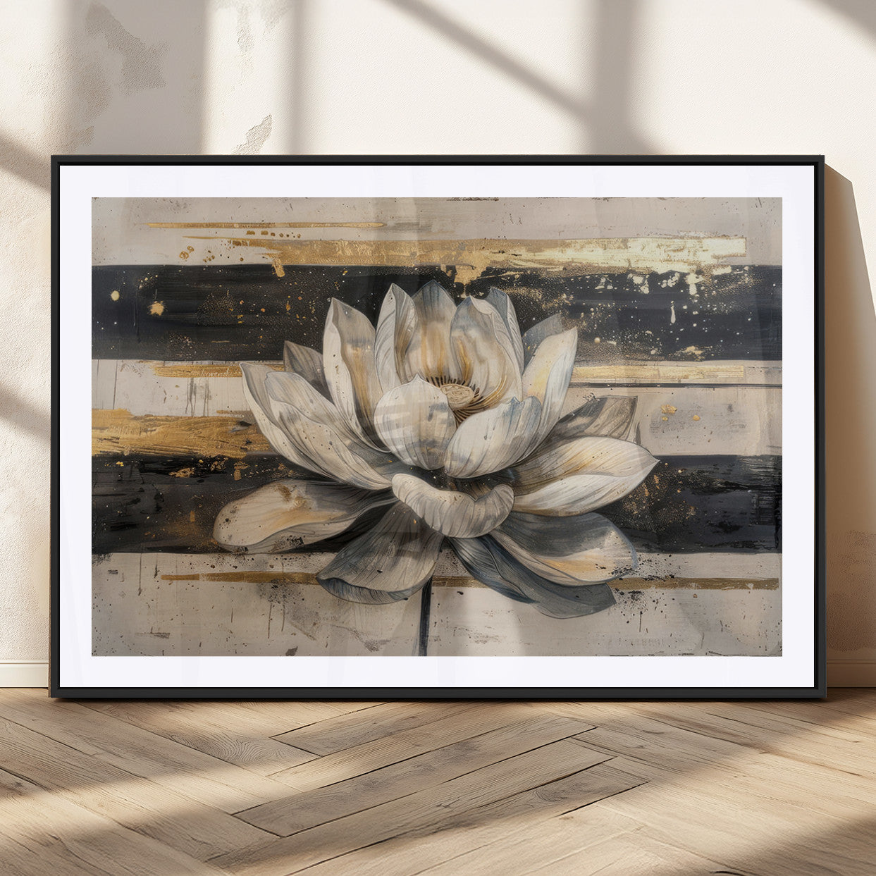 MGC-FP-36x24 - Lotus Flower Wall Art Canvas Print, Framed Abstract Lotus Art Picture Print, White Lotus Flower Perfect Abstract Floral Decor Artwork