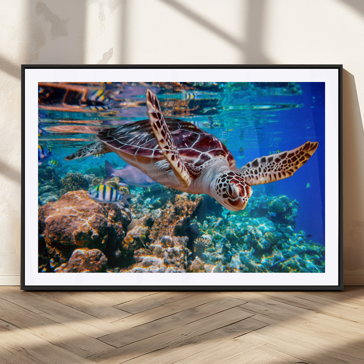 MGC-FP-36x24 - Underwater Coral Reef Sea Turtle Wall Art Canvas Print, Vibrant Marine Life | Colorful Ocean Scene