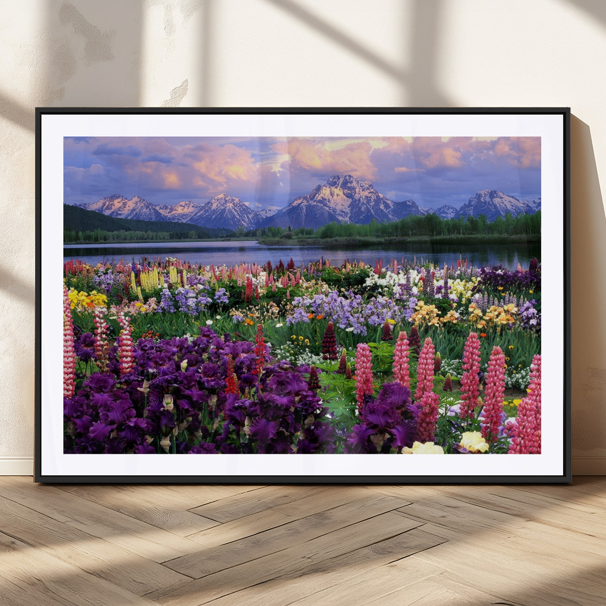 MGC-FP-36x24 - Vibrant Wildflower Garden and Mountain View Giclee Canvas Print | Floral Wall Art for Living Room