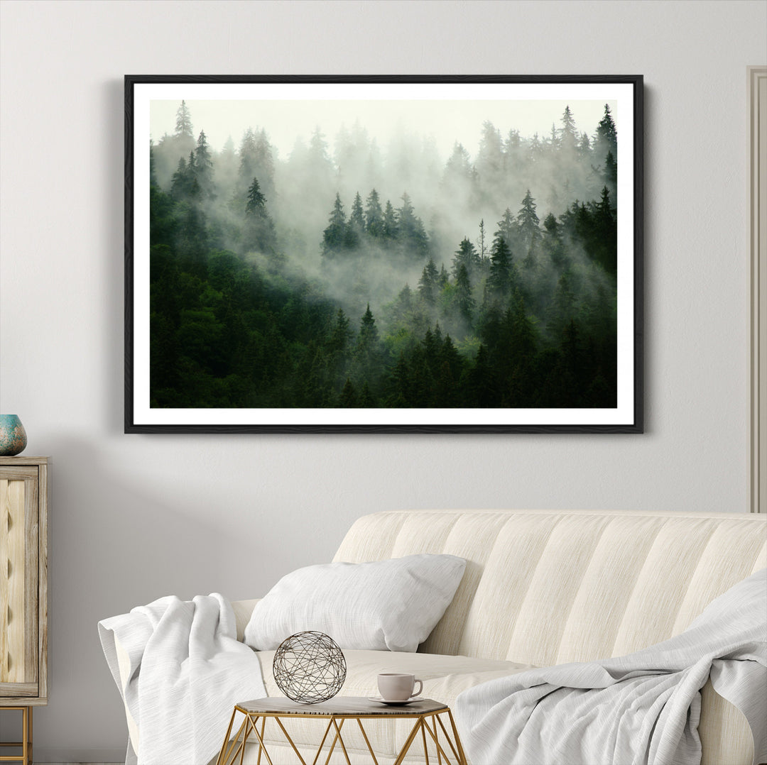 Misty Forest Mountain Wall Art | Large 3-Panel Foggy Landscape Canvas Print | Misty Forest Canvas Art | Nature Wall Art for Home | Mountain Fog Print