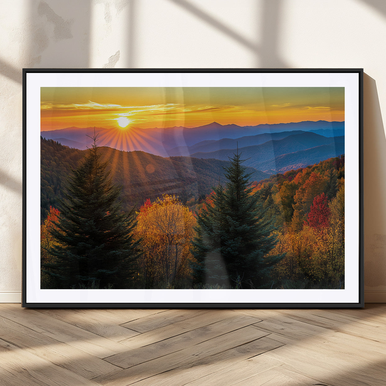 MGC-FP-36x24 - Golden Sunset Over Mountain Forest Canvas Wall Art Print - Warm Nature-Inspired Landscape for Living