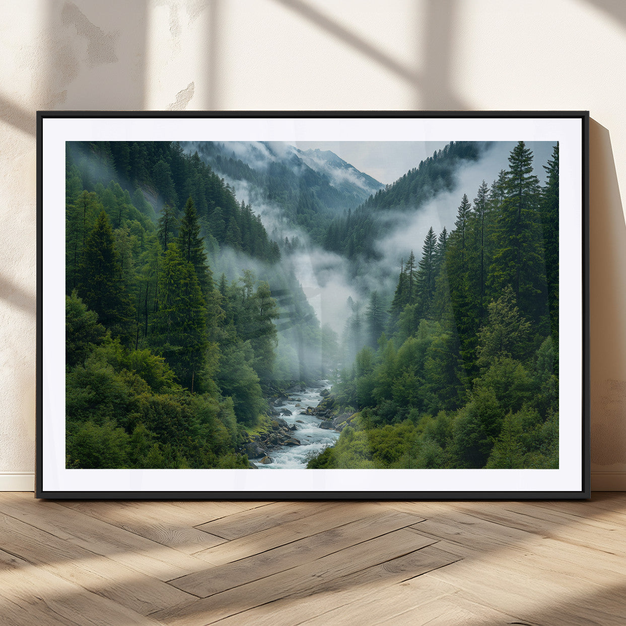 MGC-FP-36x24 - Mountain Forest River Canvas Wall Art Print - Serene Nature Landscape for Living Room, Office, or