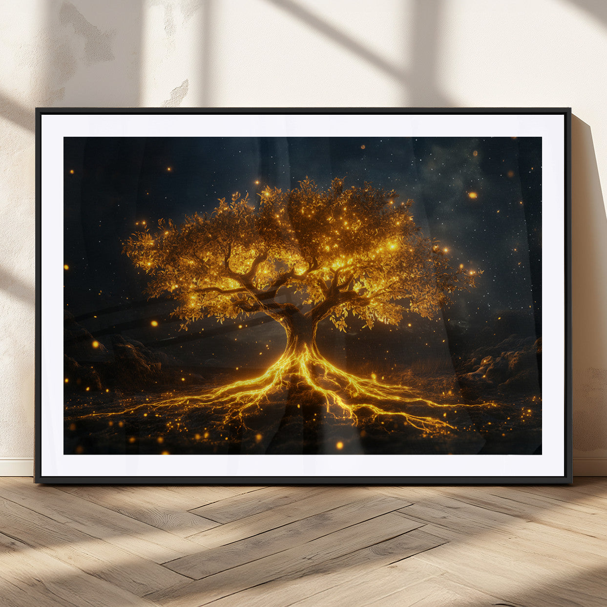 MGC-FP-36x24 - Golden Tree of Life Canvas Wall Art Print - Majestic Glowing Tree Design for Living Room, Office, or