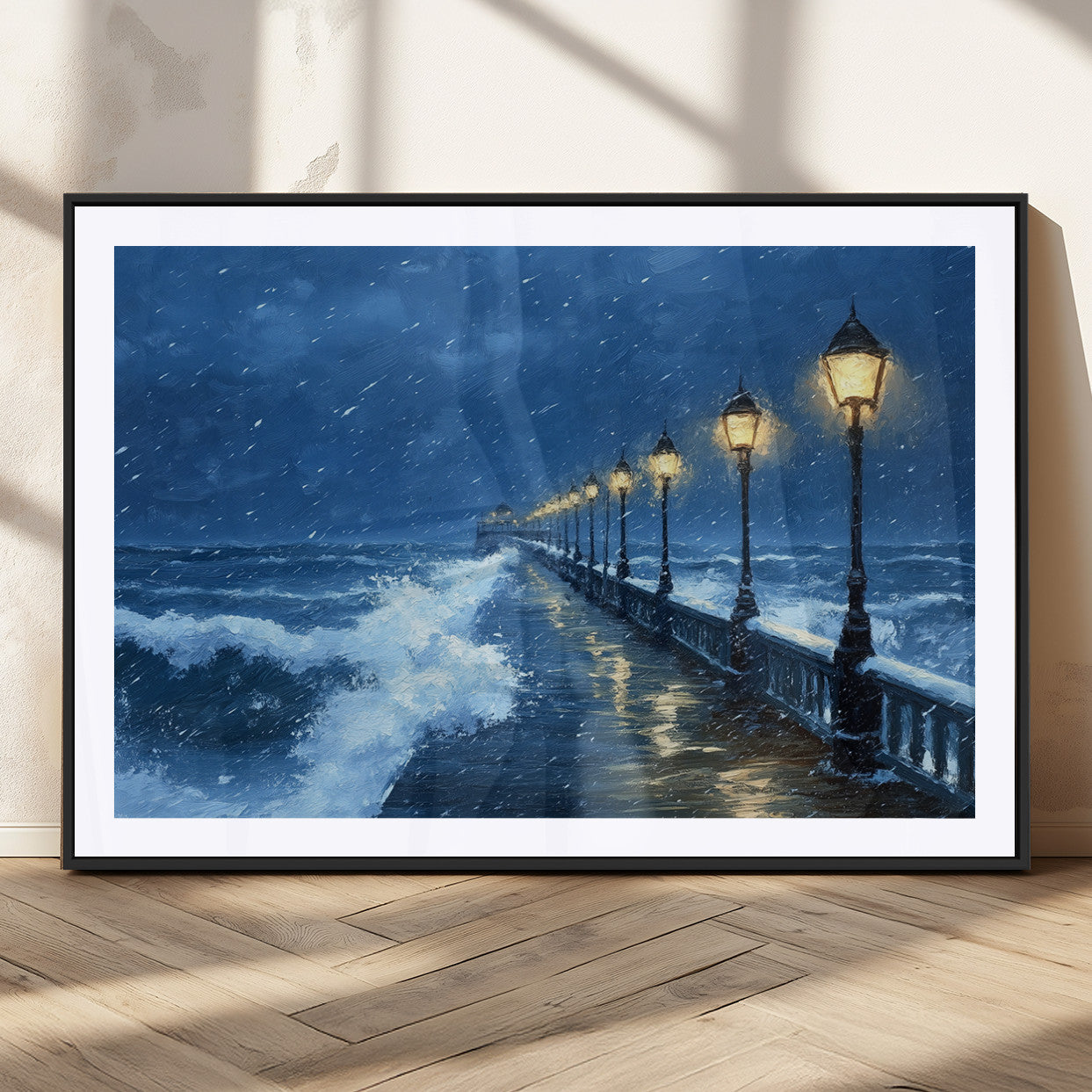 MGC-FP-36x24 - Stormy Ocean Pier Lights Canvas Wall Art Print - Large Moody Night Scene for Living Room, or Office,