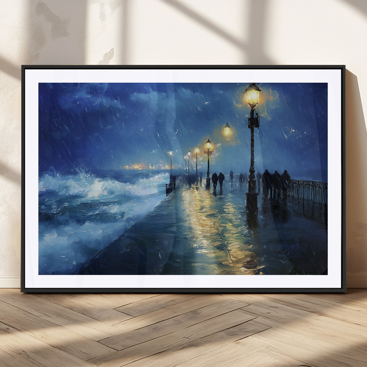 MGC-FP-36x24 - Abstract Stormy Ocean Pier Canvas Wall Art Print | Stormy Ocean Art | Large Moody Night Scene Print,
