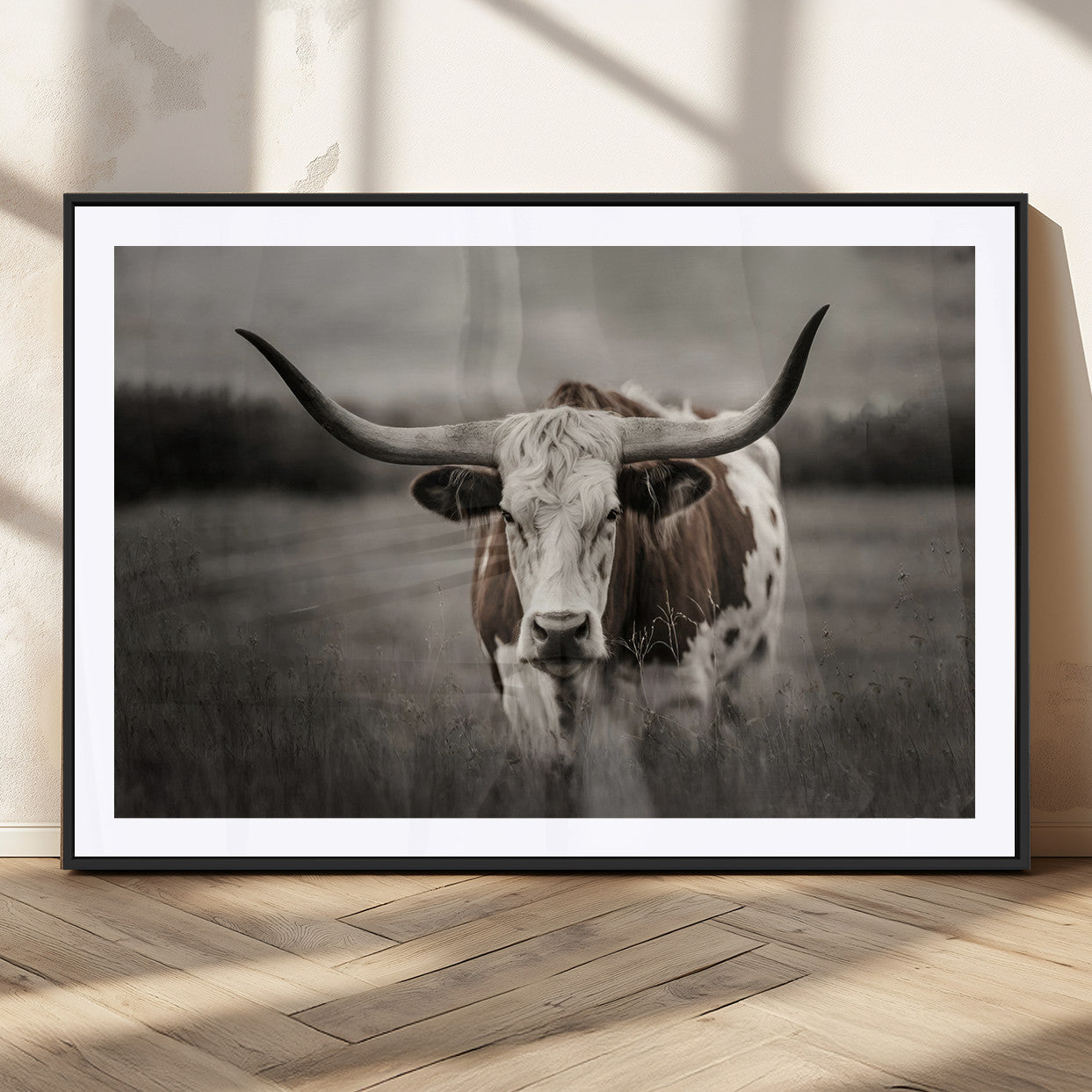 MGC-FP-36x24 - Texas Longhorn Cow Canvas Wall Art Print - Large Rustic Longhorn Art for Living Room, Western Wall