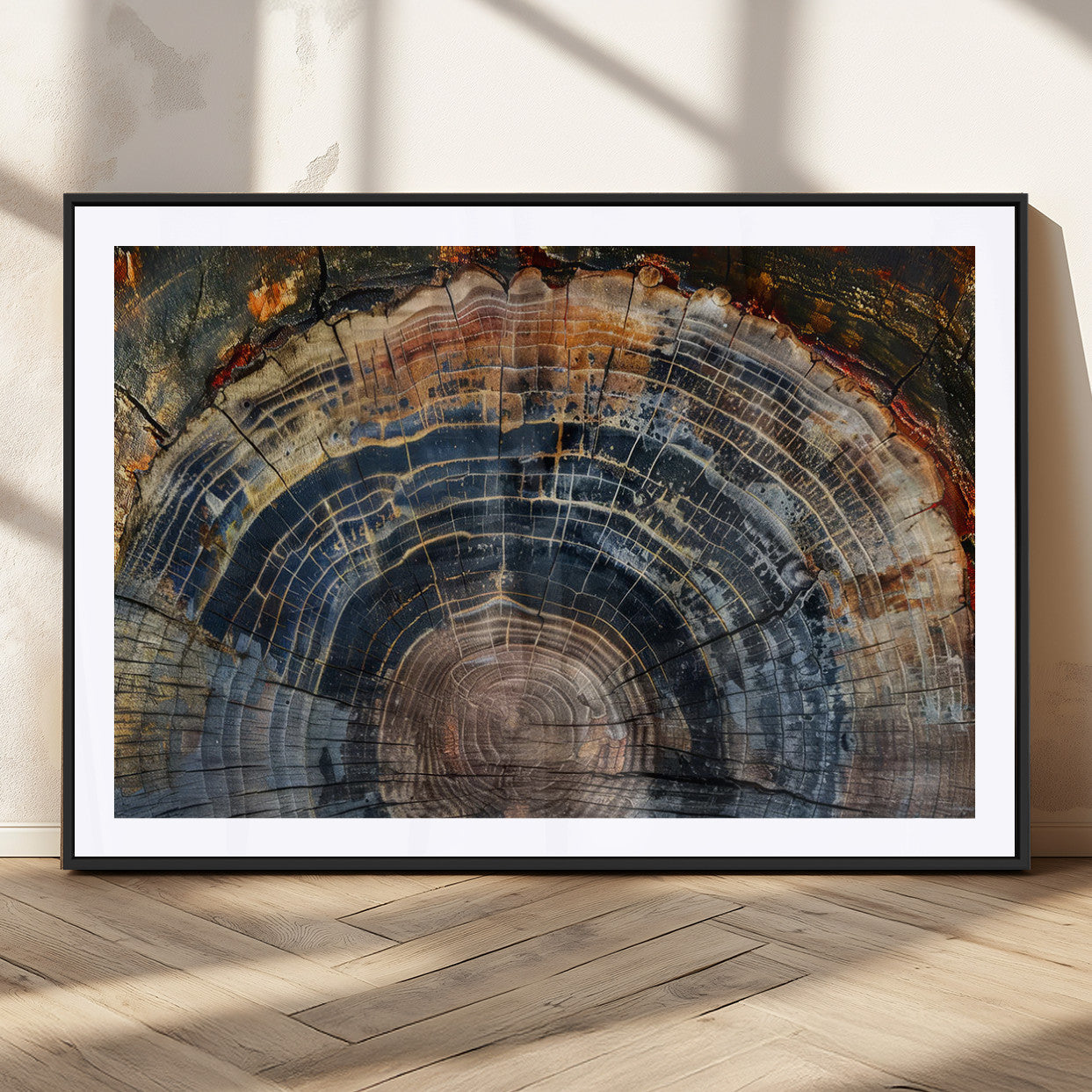 MGC-FP-36x24 - Framed Tree Ring Wall Art - Abstract Colorful Tree Ring Wall Decor, Minimalist Home Canvas Art,