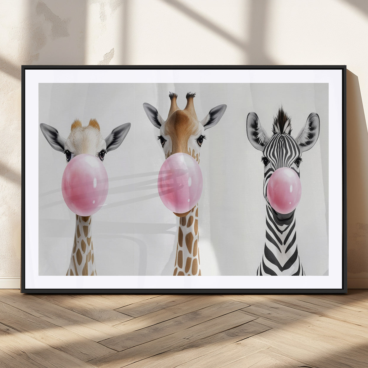 MGC-FP-36x24 - Bubblegum Animals Canvas Wall Art - Playful Giraffe and Zebra Trio, Fun Nursery Decor for Kids'