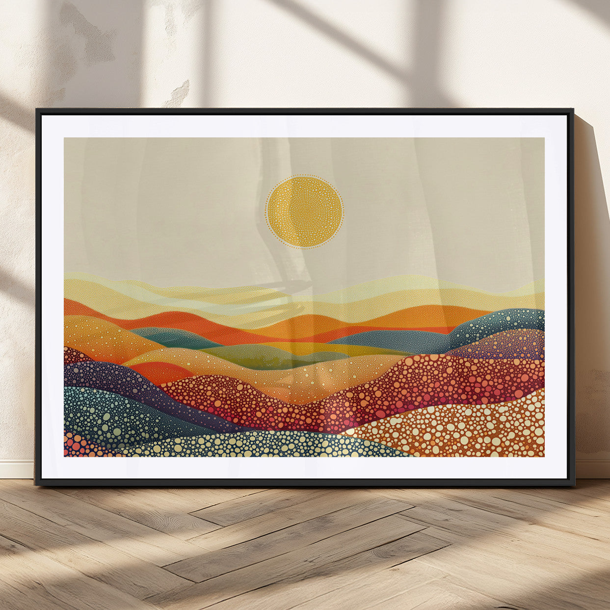 MGC-FP-36x24 - YAYOI KUSAMA Colorful Dot Art Landscape Canvas - Framed Abstract Pointillism Inspired by Nature with