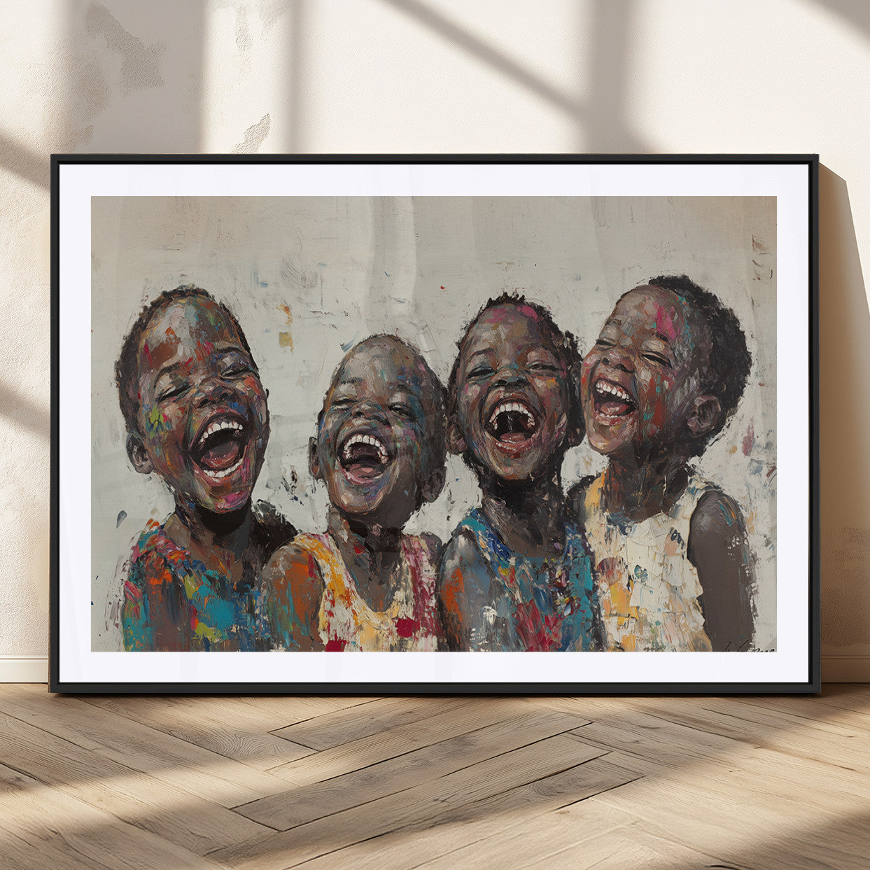85256-MGC-FP-36x24_Black-Shai Yossef Print - Joyful Childhood Canvas Wall Art - Expressive Impasto Painting of Laughing